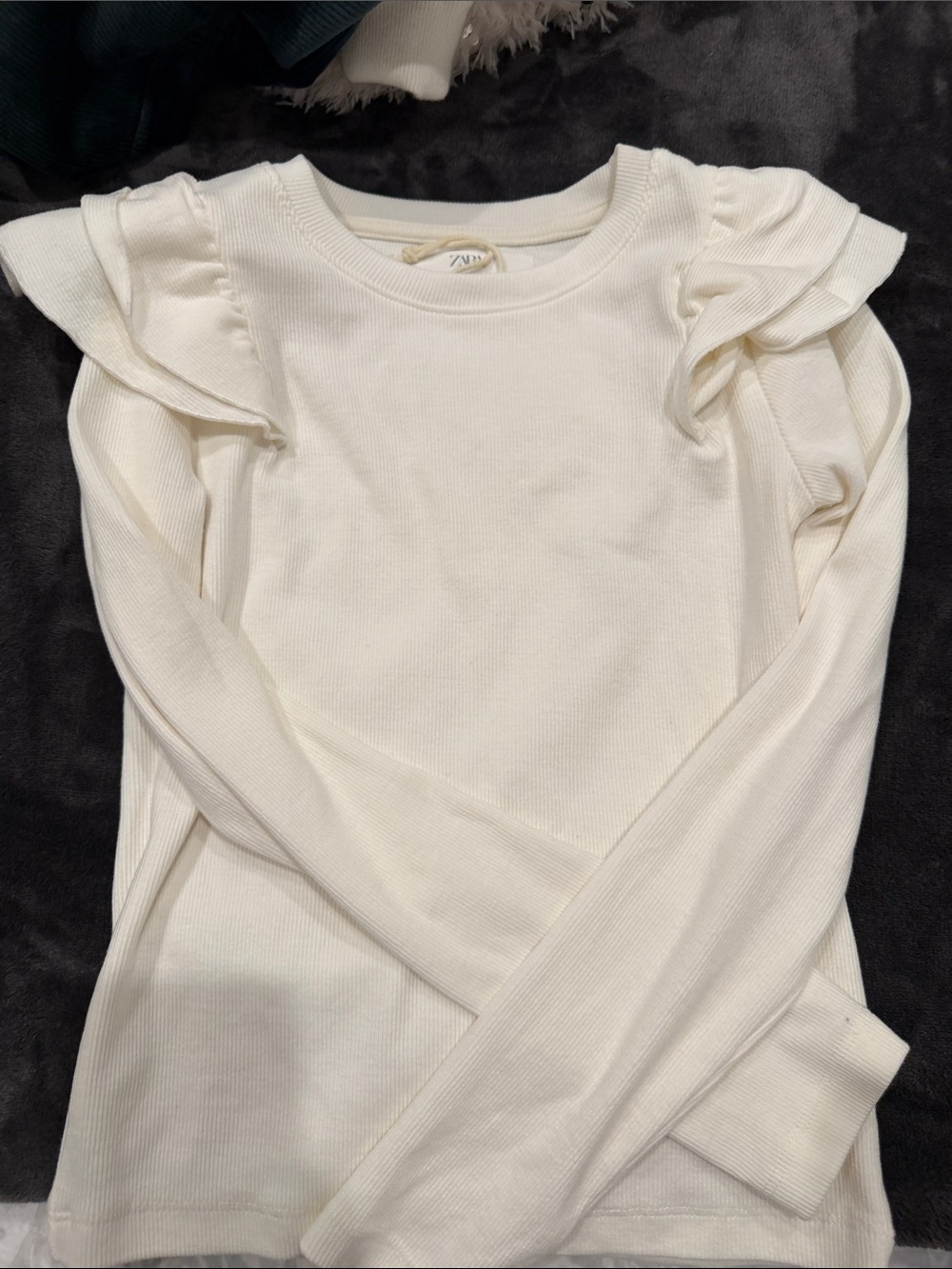 Zara Cream Long-Sleeve Ruffle Shoulder Top